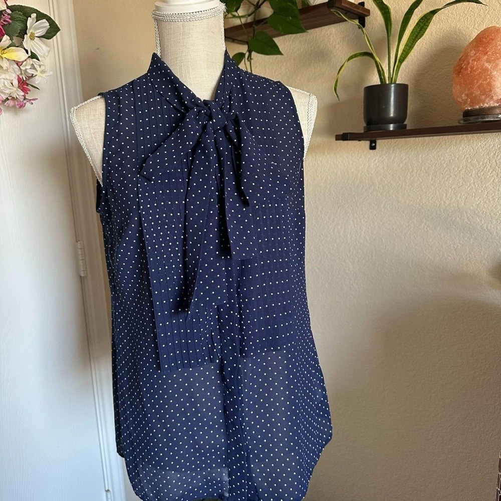 Michael Kors Navy Sleeveless Blouse with Polka Dots